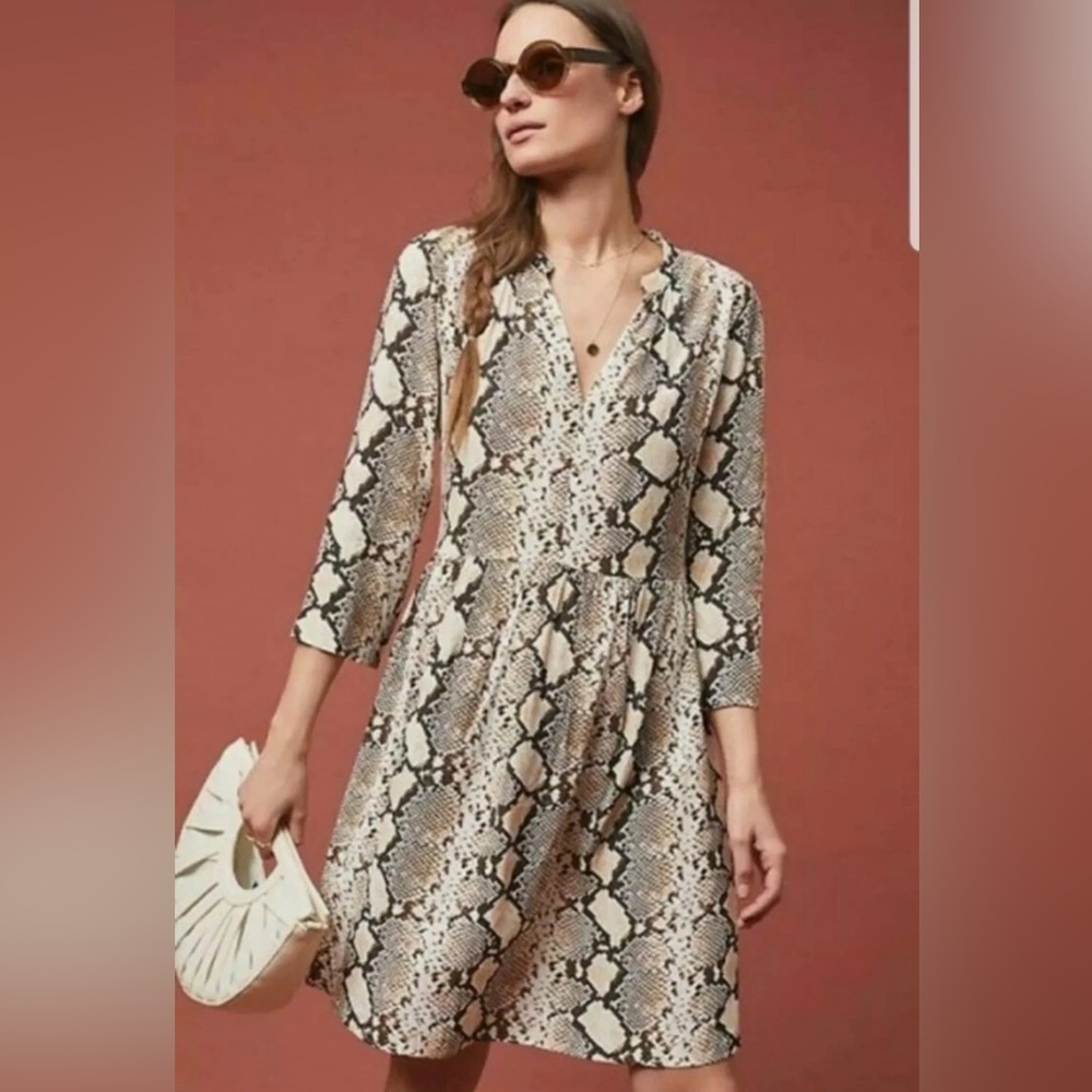 Anthropologie Maeve Juno Snake Print‎ Button Down Long Sleeve Shirt Dress XS
